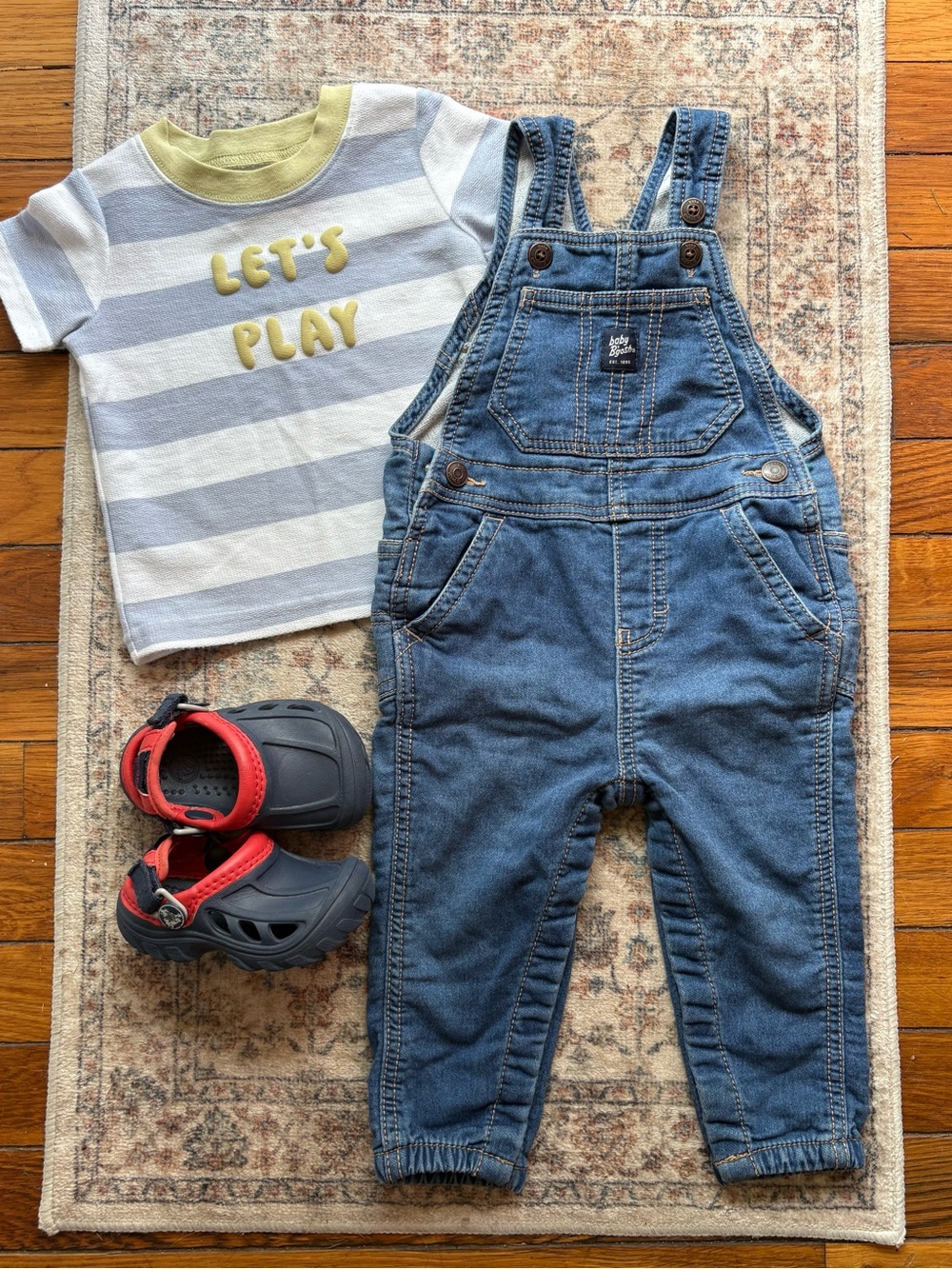 12M Kids Oshkoah Overalls & Striped Carter’s Tee Set with 4/5C Crocs
